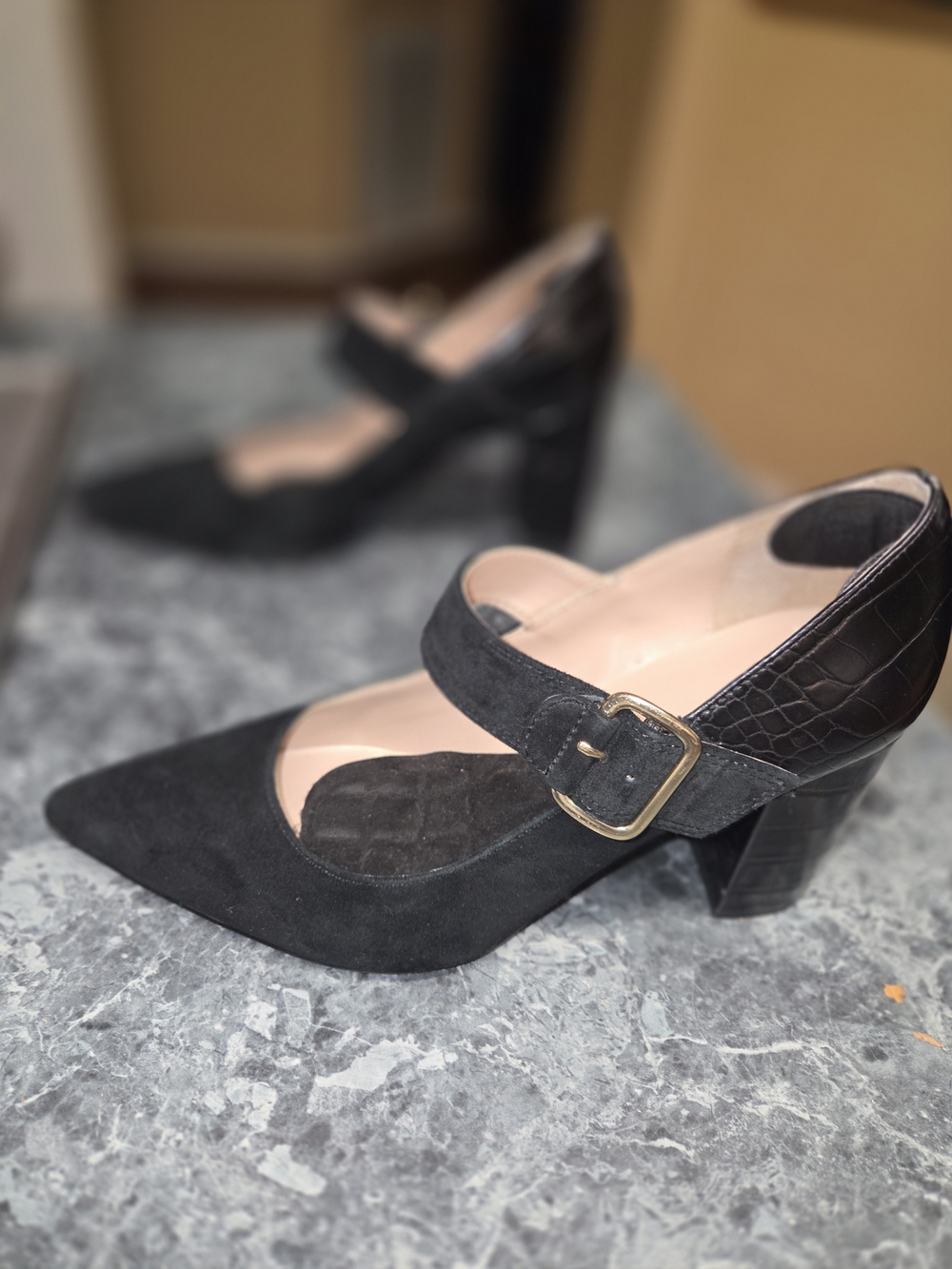 Tommy Hilfiger Black Suede Mary Jane Block Heel Pumps with Buckle